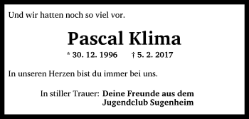 Traueranzeige von Pascal Klima von Neustadt/ Scheinfeld/ Uffenheim