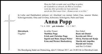 Traueranzeige von Anna Popp von Neustadt/ Scheinfeld/ Uffenheim