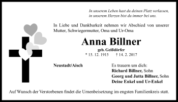 Traueranzeige von Anna Billner von Neustadt/ Scheinfeld/ Uffenheim