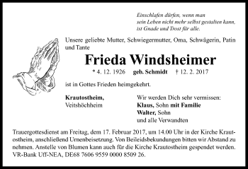 Traueranzeige von Frieda Windsheimer von Neustadt/ Scheinfeld/ Uffenheim