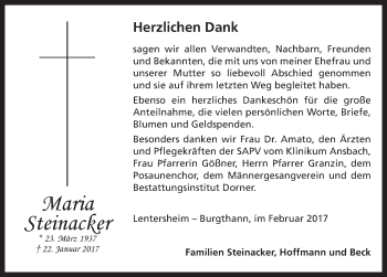 Traueranzeige von Maria Steinacker von Dinkelsbühl/ Feuchtwangen