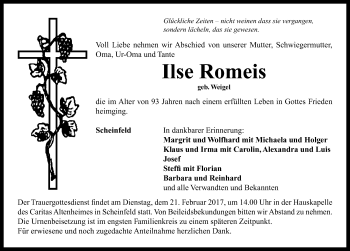 Traueranzeige von Ilse Romeis von Neustadt/ Scheinfeld/ Uffenheim