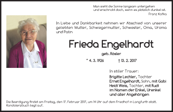 Traueranzeige von Frieda Engelhardt von Dinkelsbühl/ Feuchtwangen