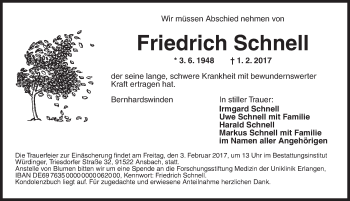 Traueranzeige von Friedrich Schnell von Ansbach