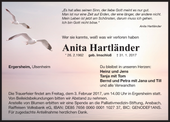 Traueranzeige von Anita Hartländer von Neustadt/ Scheinfeld/ Uffenheim