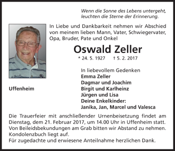 Traueranzeige von Oswald Zeller von Neustadt/ Scheinfeld/ Uffenheim