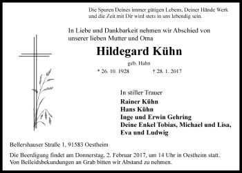 Traueranzeige von Hildegard Kühn von Rothenburg