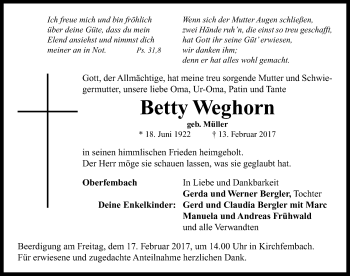 Traueranzeige von Betty Weghorn von Neustadt/ Scheinfeld/ Uffenheim