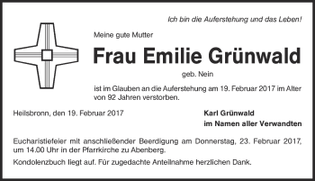 Traueranzeige von Emilie Grünwald von Ansbach