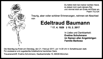 Traueranzeige von Edeltraud Baumann von Ansbach