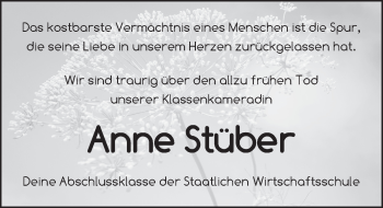 Traueranzeige von Anne Stüber von Dinkelsbühl/ Feuchtwangen