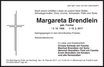 Traueranzeige von Margareta Brendlein von Ansbach