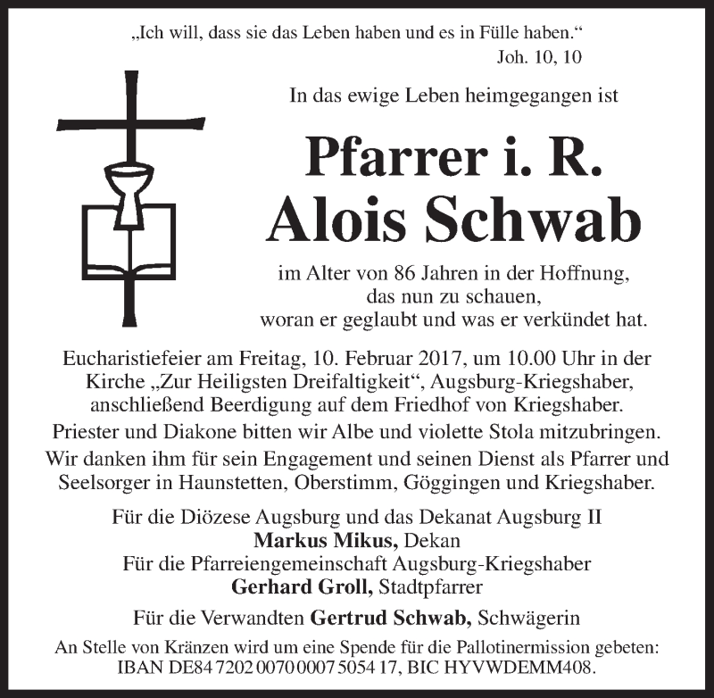  Traueranzeige für Alois Schwab vom 08.02.2017 aus Dinkelsbühl/ Feuchtwangen