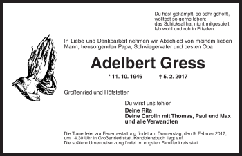 Traueranzeige von Adelbert Gress von Dinkelsbühl/ Feuchtwangen