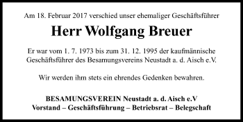 Traueranzeige von Wolfgang Breuer von Neustadt/ Scheinfeld/ Uffenheim