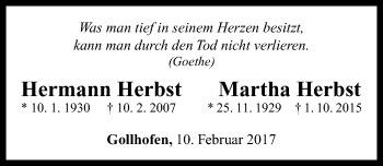 Traueranzeige von Hermann und Martha Herbst von Neustadt/ Scheinfeld/ Uffenheim