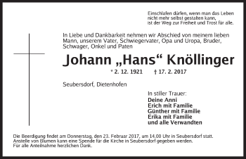 Traueranzeige von Johann Knöllinger von Ansbach