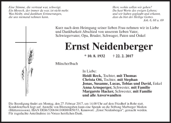 Traueranzeige von Ernst Neidenberger von Ansbach