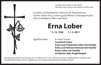 Traueranzeige von Erna Lober von Ansbach