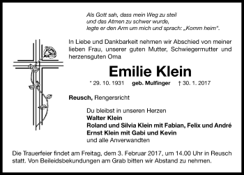 Traueranzeige von Emilie Klein von Neustadt/ Scheinfeld/ Uffenheim