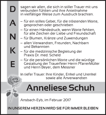 Traueranzeige von Anneliese Schuh von Ansbach