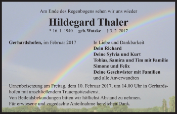 Traueranzeige von Hildegard Thaler von Neustadt/ Scheinfeld/ Uffenheim