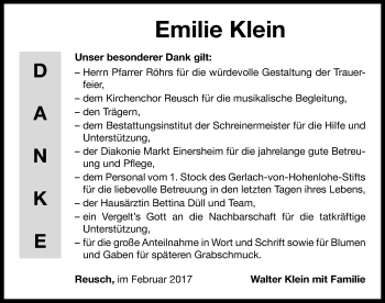 Traueranzeige von Emilie Klein von Neustadt/ Scheinfeld/ Uffenheim