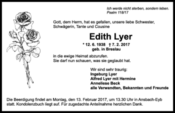 Traueranzeige von Edith Lyer von Ansbach