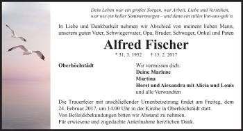 Traueranzeige von Alfred Fischer von Neustadt/ Scheinfeld/ Uffenheim