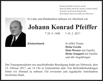 Traueranzeige von Johann Konrad Pfeiffer von Neustadt/ Scheinfeld/ Uffenheim