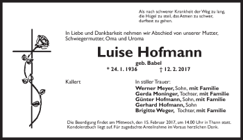 Traueranzeige von Luise Hofmann von Ansbach