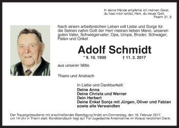 Traueranzeige von Adolf Schmidt von Dinkelsbühl/ Feuchtwangen