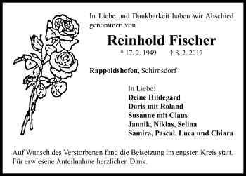 Traueranzeige von Reinhold Fischer von Neustadt/ Scheinfeld/ Uffenheim