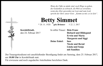 Traueranzeige von Betty Simmet von Neustadt/ Scheinfeld/ Uffenheim