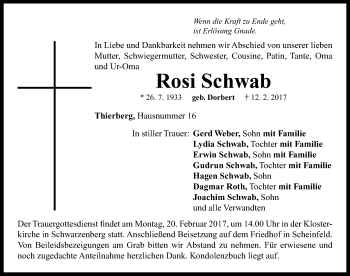 Traueranzeige von Rosi Schwab von Neustadt/ Scheinfeld/ Uffenheim