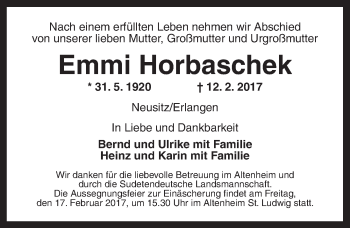 Traueranzeige von Emmi Horbaschek von Ansbach