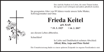 Traueranzeige von Frieda Keitel von Dinkelsbühl/ Feuchtwangen