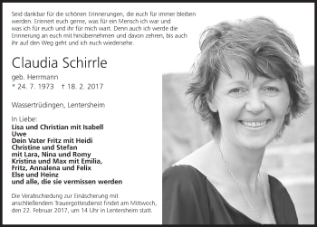 Traueranzeige von Claudia Schirrle von Dinkelsbühl/ Feuchtwangen