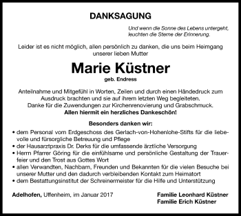 Traueranzeige von Marie Küstner von Neustadt/ Scheinfeld/ Uffenheim