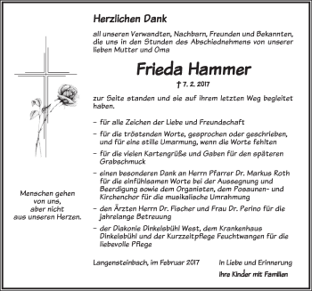 Traueranzeige von Frieda Hammer von Dinkelsbühl/ Feuchtwangen