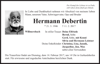 Traueranzeige von Hermann Debertin von Neustadt/ Scheinfeld/ Uffenheim