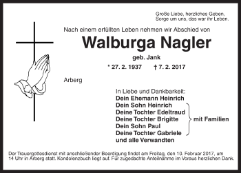 Traueranzeige von Walburga Nagler von Dinkelsbühl/ Feuchtwangen