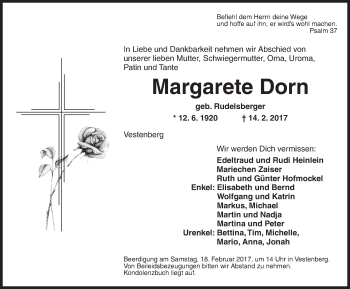 Traueranzeige von Margarete Dorn von Ansbach