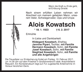 Traueranzeige von Alois Kowatsch von Dinkelsbühl/ Feuchtwangen