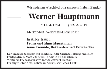 Traueranzeige von Werner Hauptmann von Ansbach