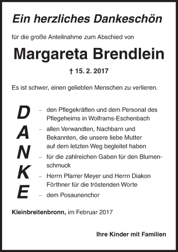 Traueranzeige von Margareta Brendlein von Ansbach