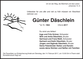 Traueranzeige von Günter Däschlein von Ansbach