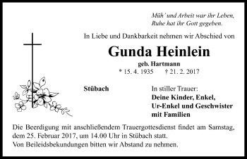 Traueranzeige von Gunda Heinlein von Neustadt/ Scheinfeld/ Uffenheim