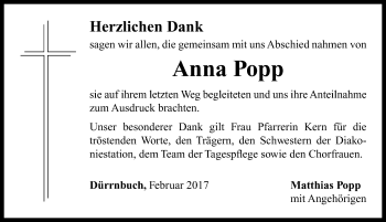 Traueranzeige von Anna Popp von Neustadt/ Scheinfeld/ Uffenheim