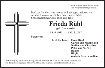 Traueranzeige von Frieda Rühl von Dinkelsbühl/ Feuchtwangen